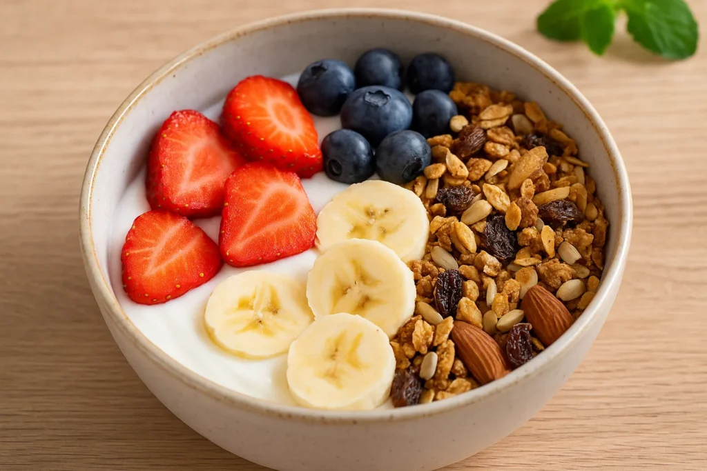 Iogurte Natural com Granola Caseira e Frutas – Café da Manhã Saudável, Refrescante e Completo