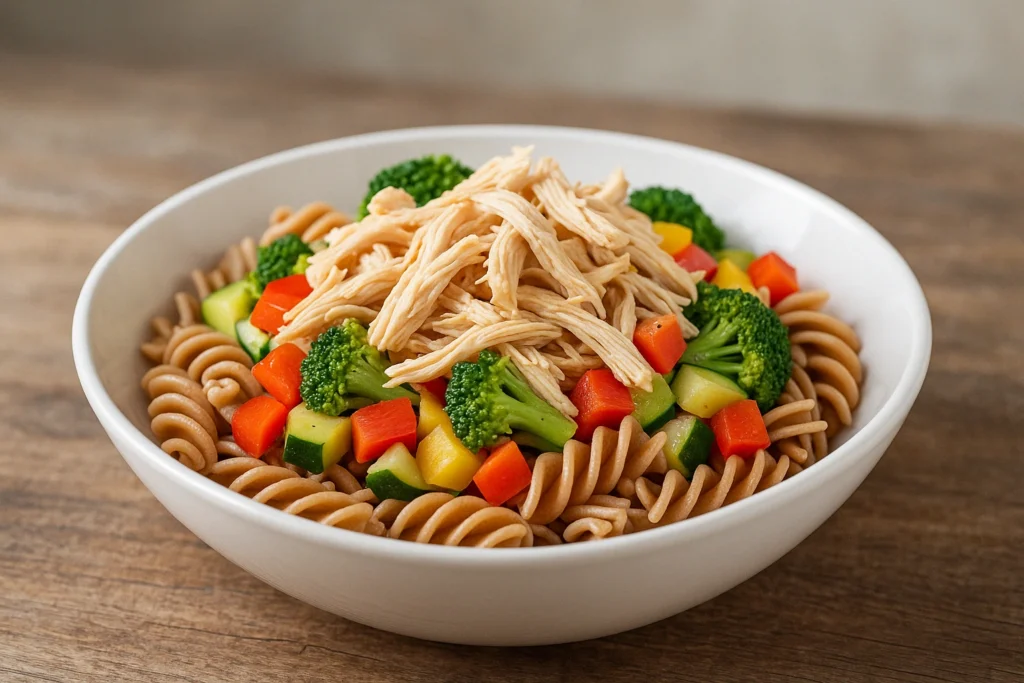 Macarrão Integral com Frango Desfiado e Legumes: Refeição Fitness, Leve e Completa Para o Dia a Dia