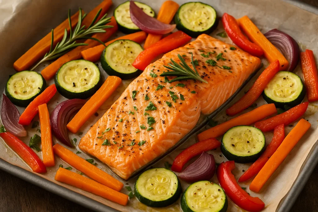 Salmão ao Forno com Ervas e Legumes Assados – Receita Saudável, Completa e Deliciosa