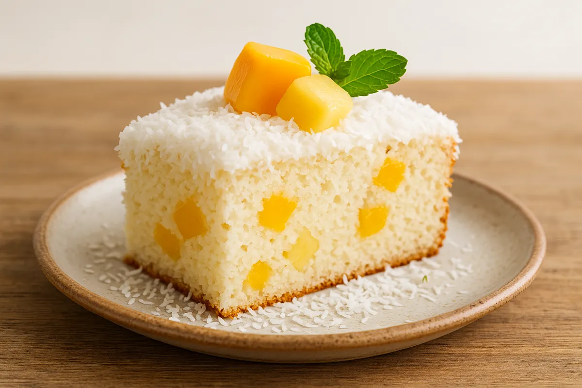🍍 Bolo de Leite de Coco com Frutas Tropicais – Leve, Úmido e Naturalmente Doce