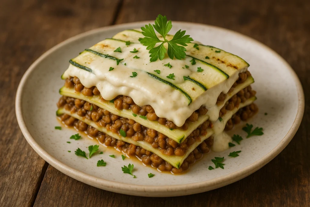 🌱 Lasanha de Abobrinha com Recheio de Lentilhas e Molho Branco de Aveia (Vegana)