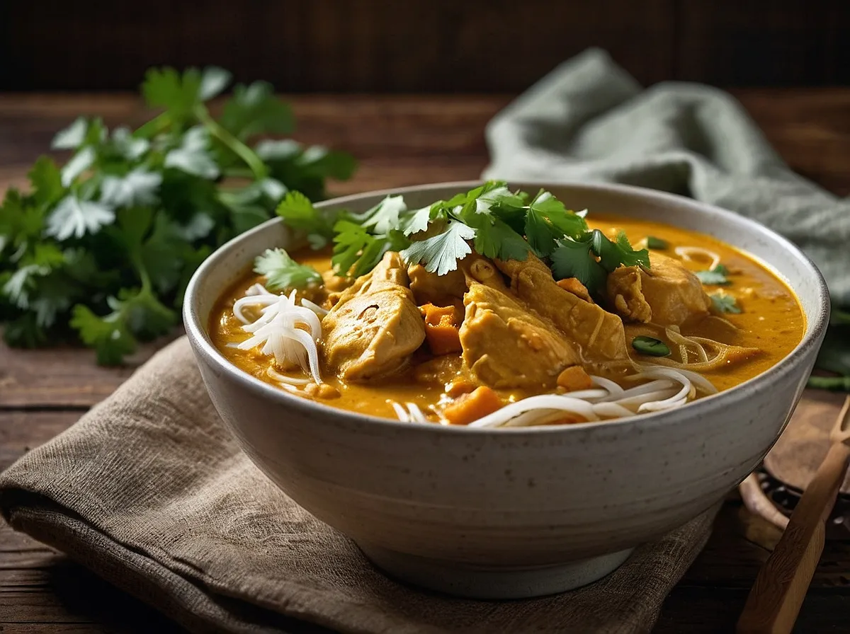 🍛 Macarrão de Arroz com Frango ao Curry e Leite de Coco: Um Prato Leve, Aromático e Cheio de Sabor