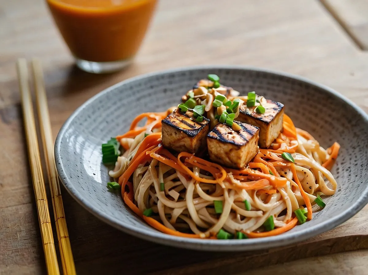 🥕 Talharim de Cenoura com Molho de Amendoim e Tofu Grelhado: Leve, Proteico e Surpreendente