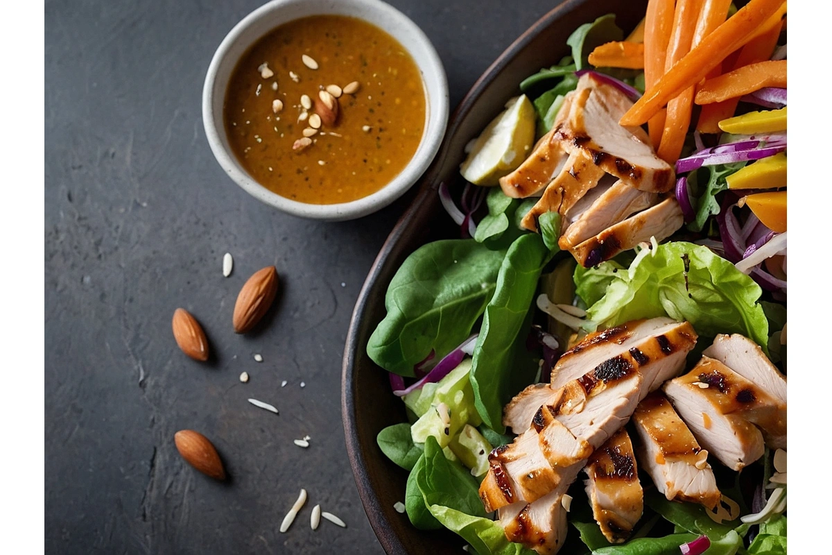 Salada Morna com Frango Grelhado, Amêndoas e Toque de Mel e Limão