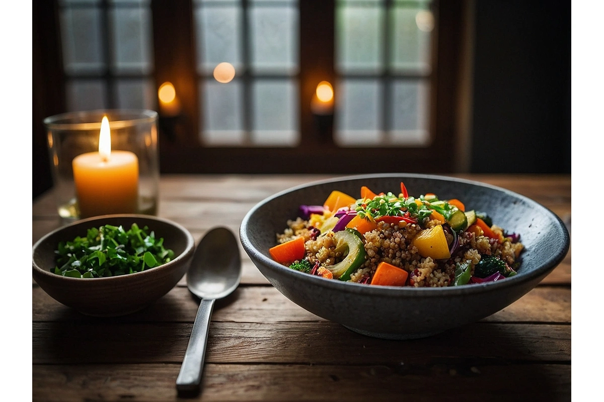 Tigela Quente de Quinoa com Legumes e Molho de Gengibre e Amor