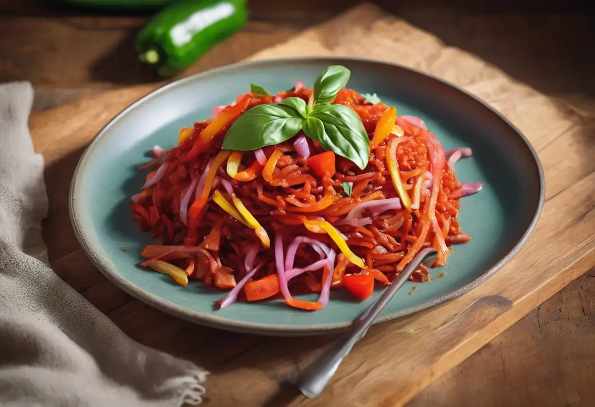 Macarrão de Arroz Vermelho com Molho de Tomate Picante e Legumes