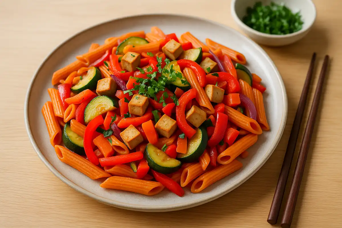 Macarrão de Lentilha com Legumes Salteados e Tofu Defumado