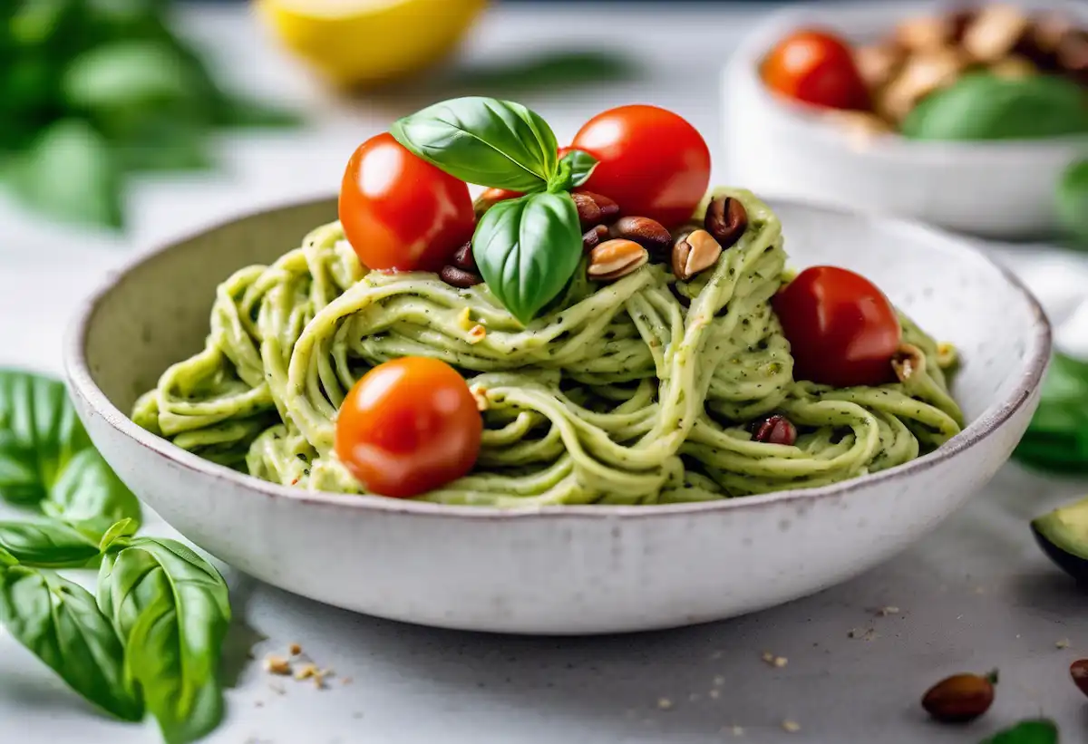 Macarrão de Palmito com Pesto de Abacate (vegano)