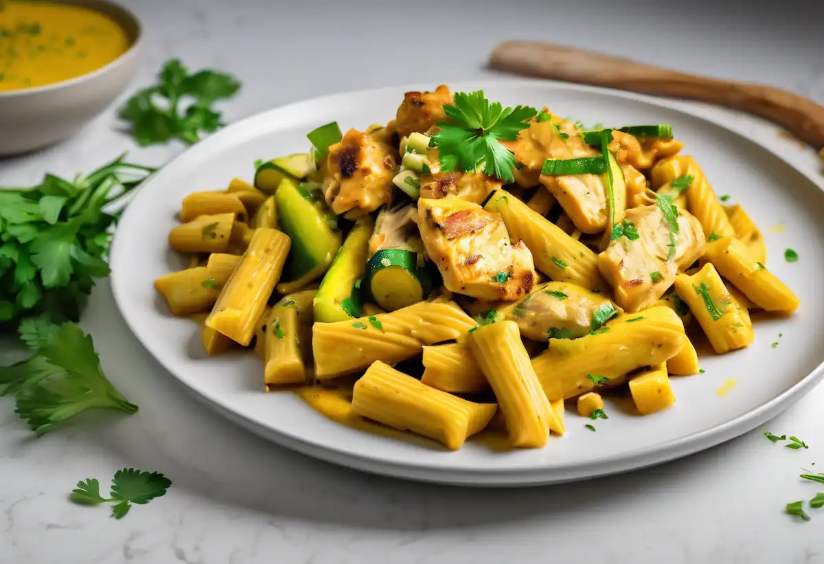 Penne de Grão-de-bico com Frango, Abobrinha e Curry