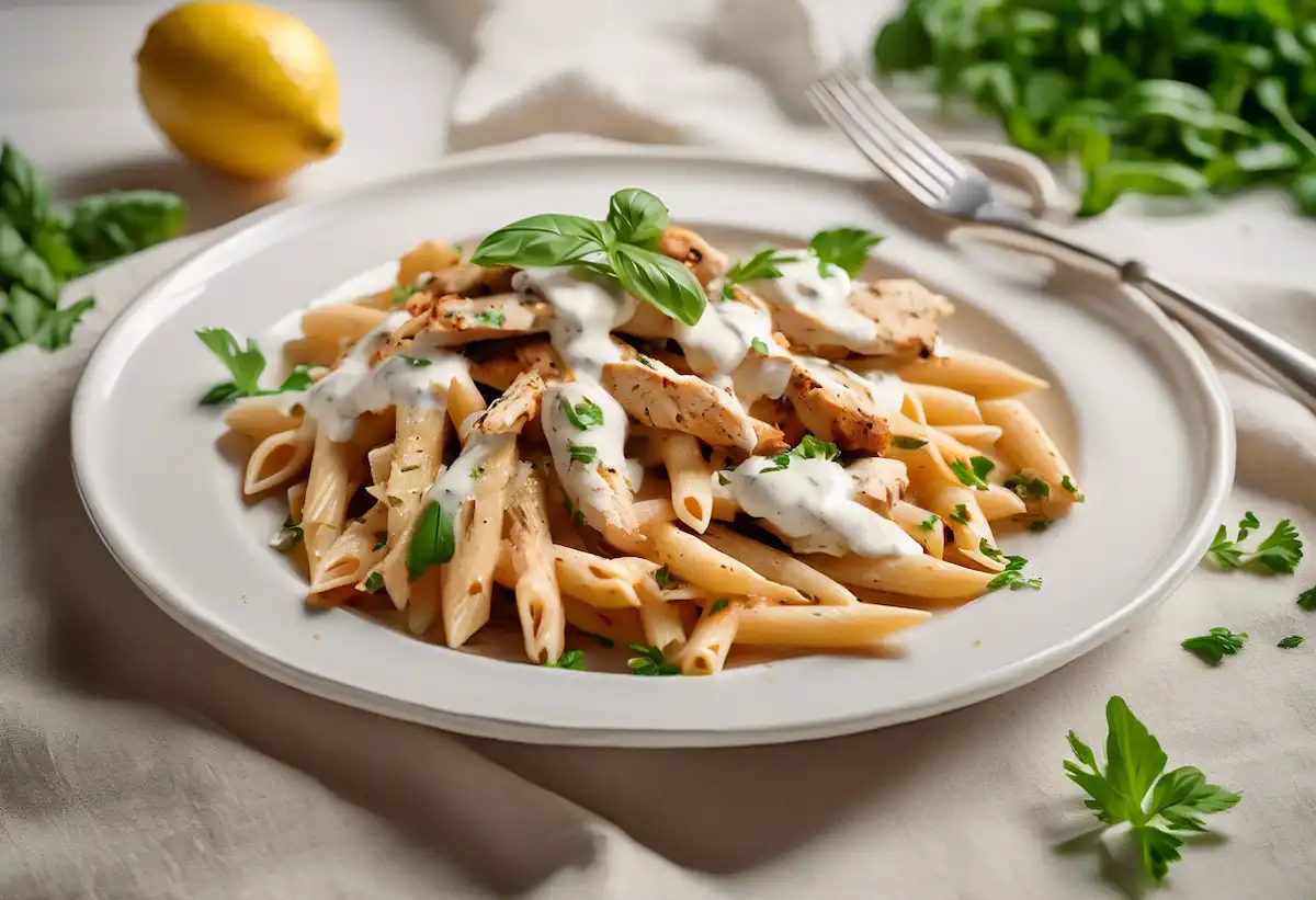 Penne Integral com Molho de Iogurte e Frango Grelhado
