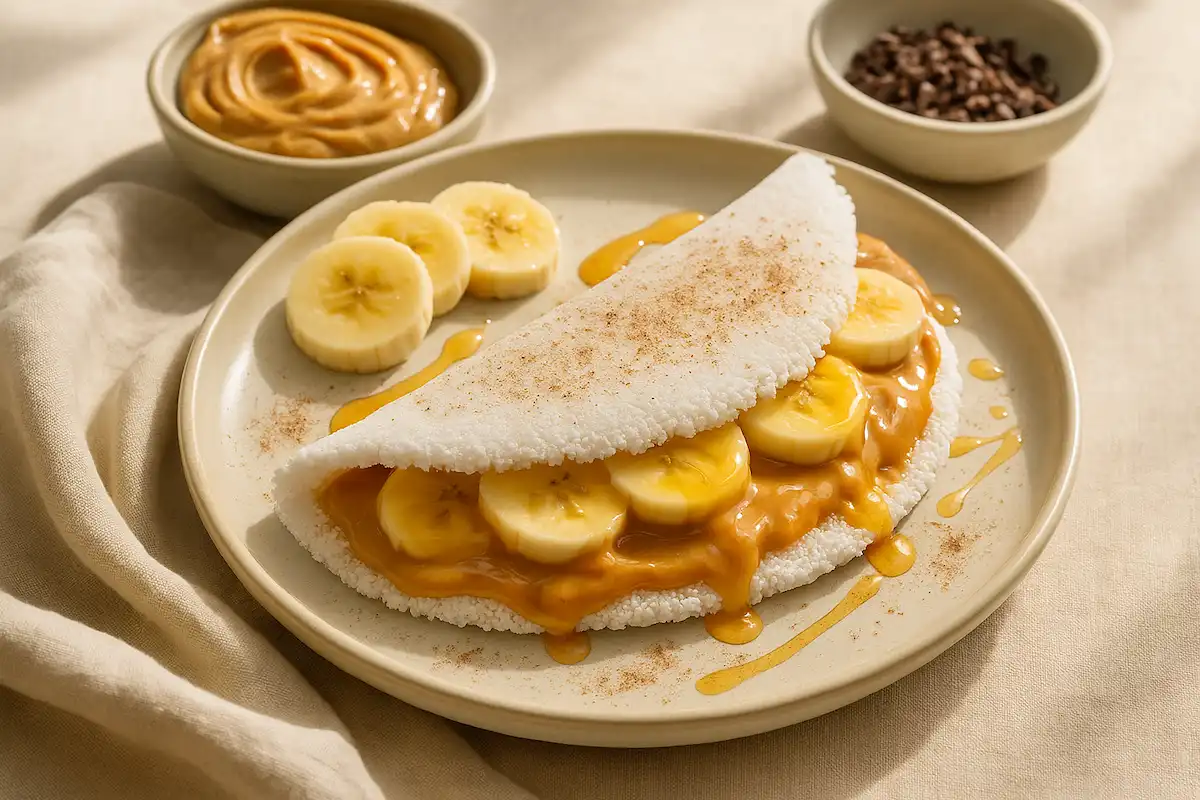 Tapioca Doce com Pasta de Amendoim e Banana