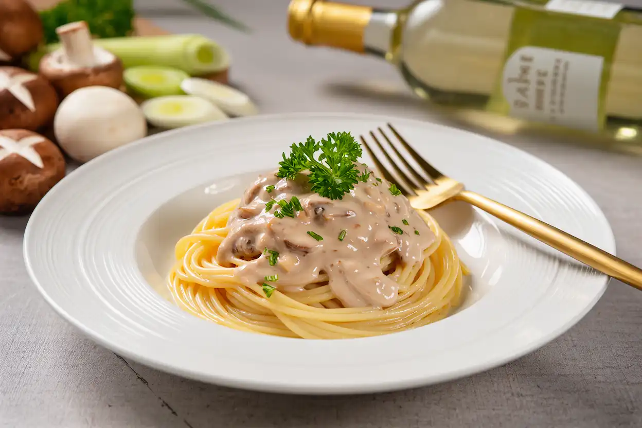 Espaguete Konjac com Creme de Cogumelos e Alho-poró