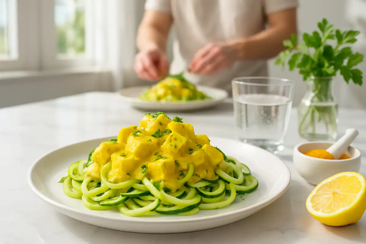 🥒 Macarrão de Abobrinha com Creme de Tofu e Cúrcuma: Uma Surpresa Leve, Vegana e Antiinflamatória