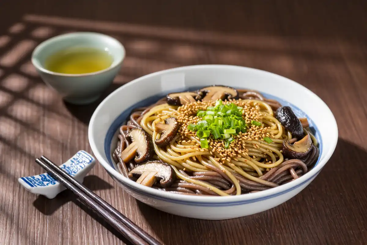 Macarrão de Feijão Azuki com Cogumelos e Gergelim Tostado: Uma Viagem de Sabores ao Oriente!