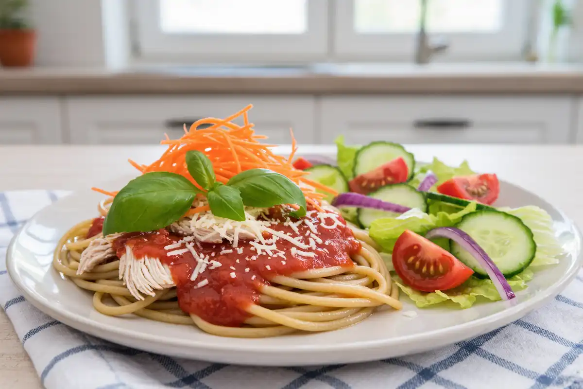 Macarrão Integral com Molho de Tomate, Cenoura Ralada e Frango