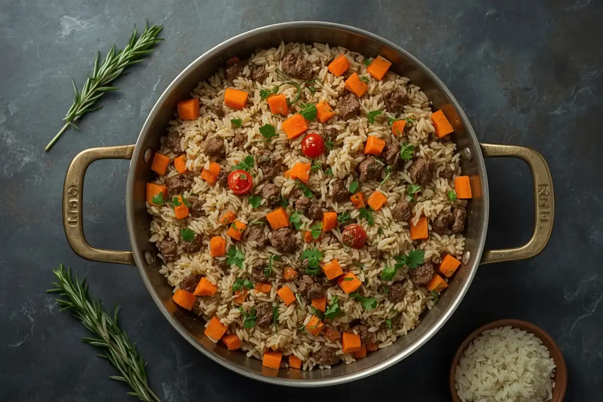 Panela Única com Arroz Integral, Carne Magra e Ervas Aromáticas