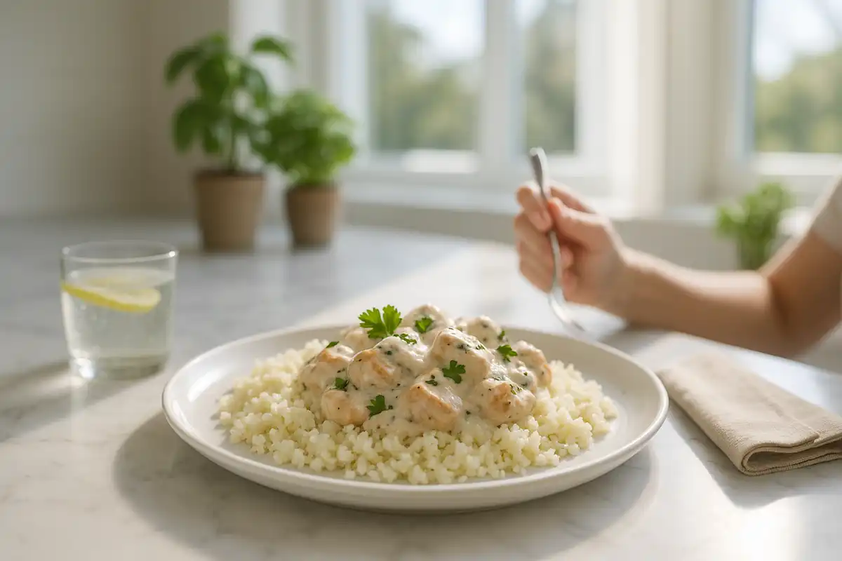 🍗 Strogonoff Fit de Frango com Creme de Ricota e Arroz de Couve-Flor