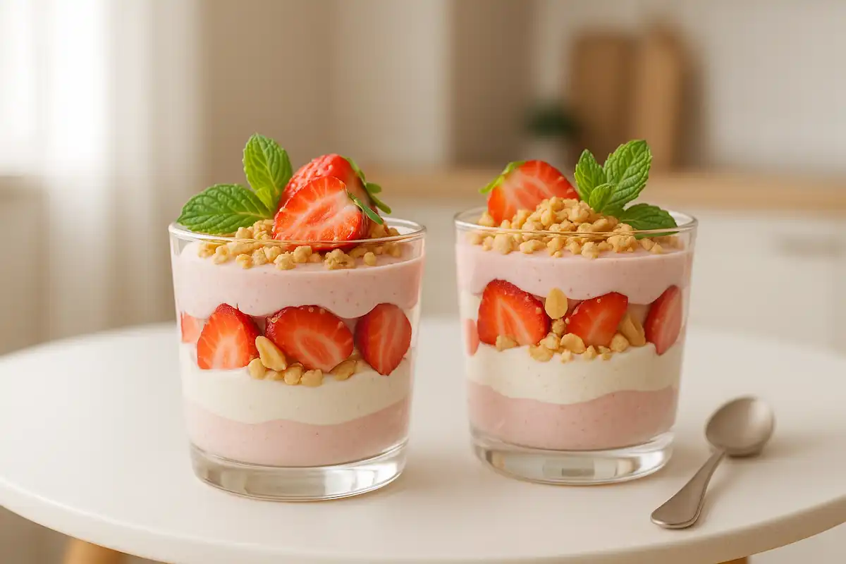 Taça de Creme Proteico com Morango e Crumble de Amêndoas