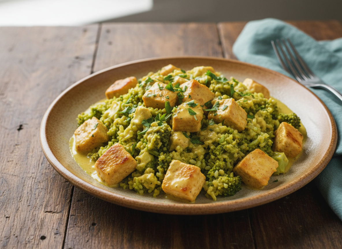 Arroz de Brócolis com Cubos de Frango ao Curry Leve