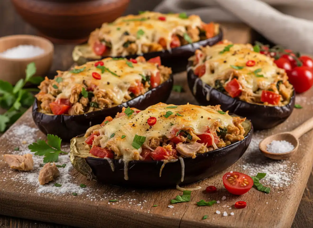Barquinhas de Berinjela com Atum, Tomate e Ervas Frescas