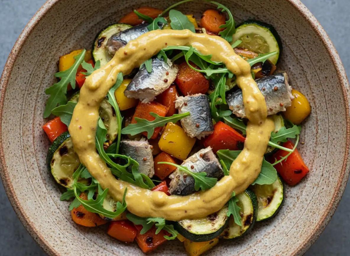 Bowl Morno de Sardinha com Legumes Assados e Molho de Mostarda