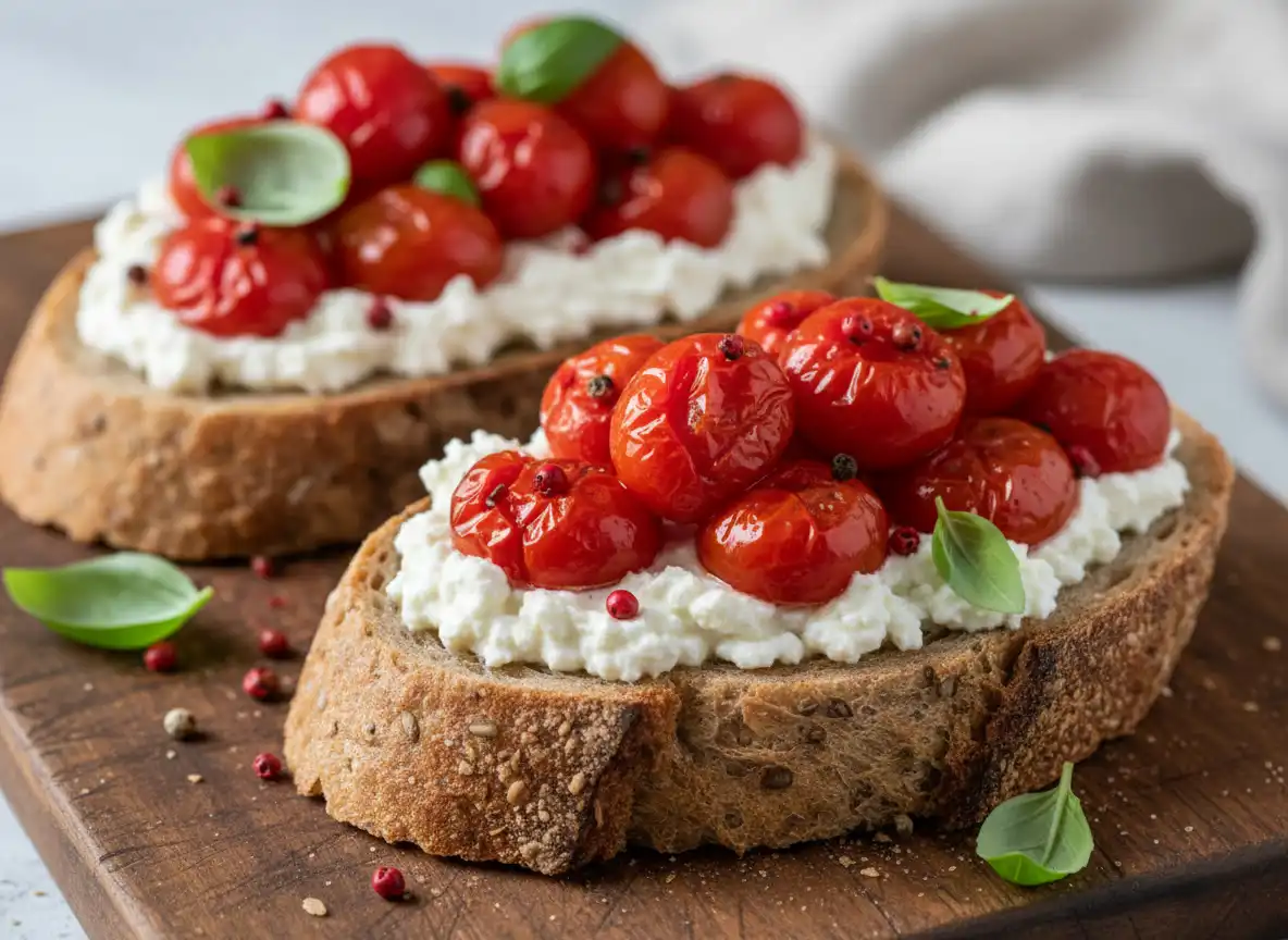 Bruschetta de Tomate Assado com Ricota, Limão e Pimenta Rosa