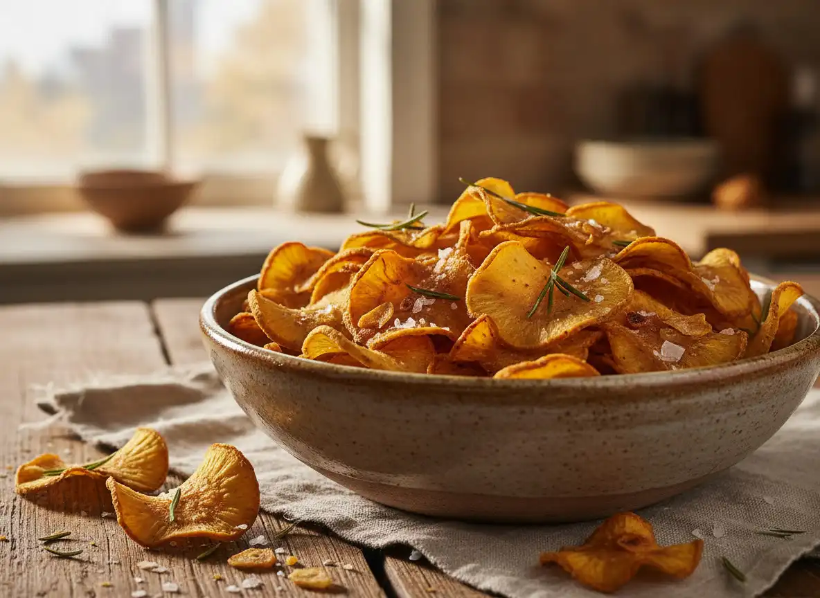 Chips Assados de Inhame com Alho, Alecrim e Flor de Sal