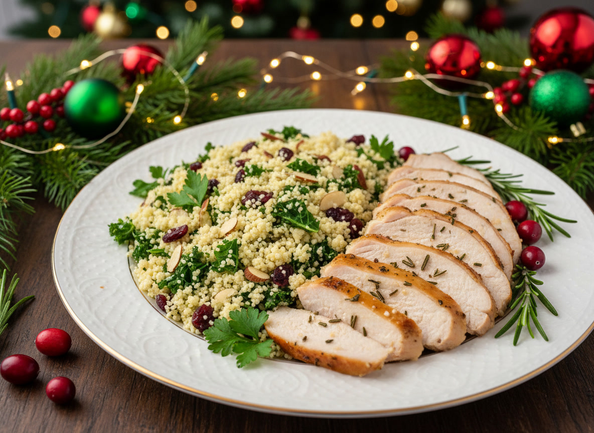 Cuscuz Natalino de Couve-flor com Amêndoas Tostadas e Cranberries
