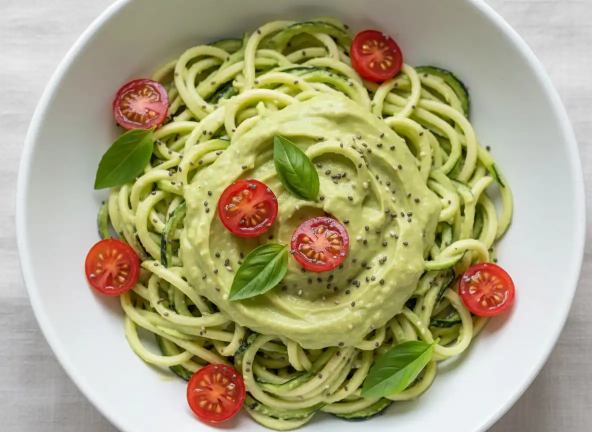 Espaguete de Abobrinha com Molho Cremoso de Abacate e Manjericão