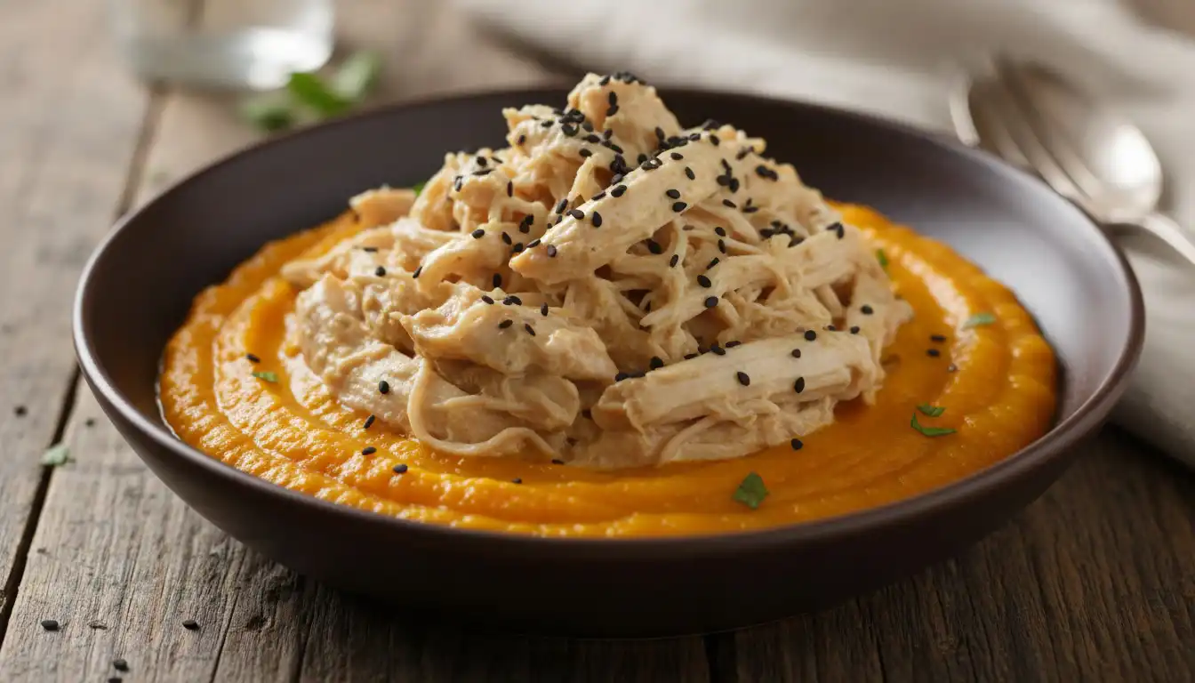 Frango Desfiado Cremoso com Purê de Abóbora e Gergelim Preto