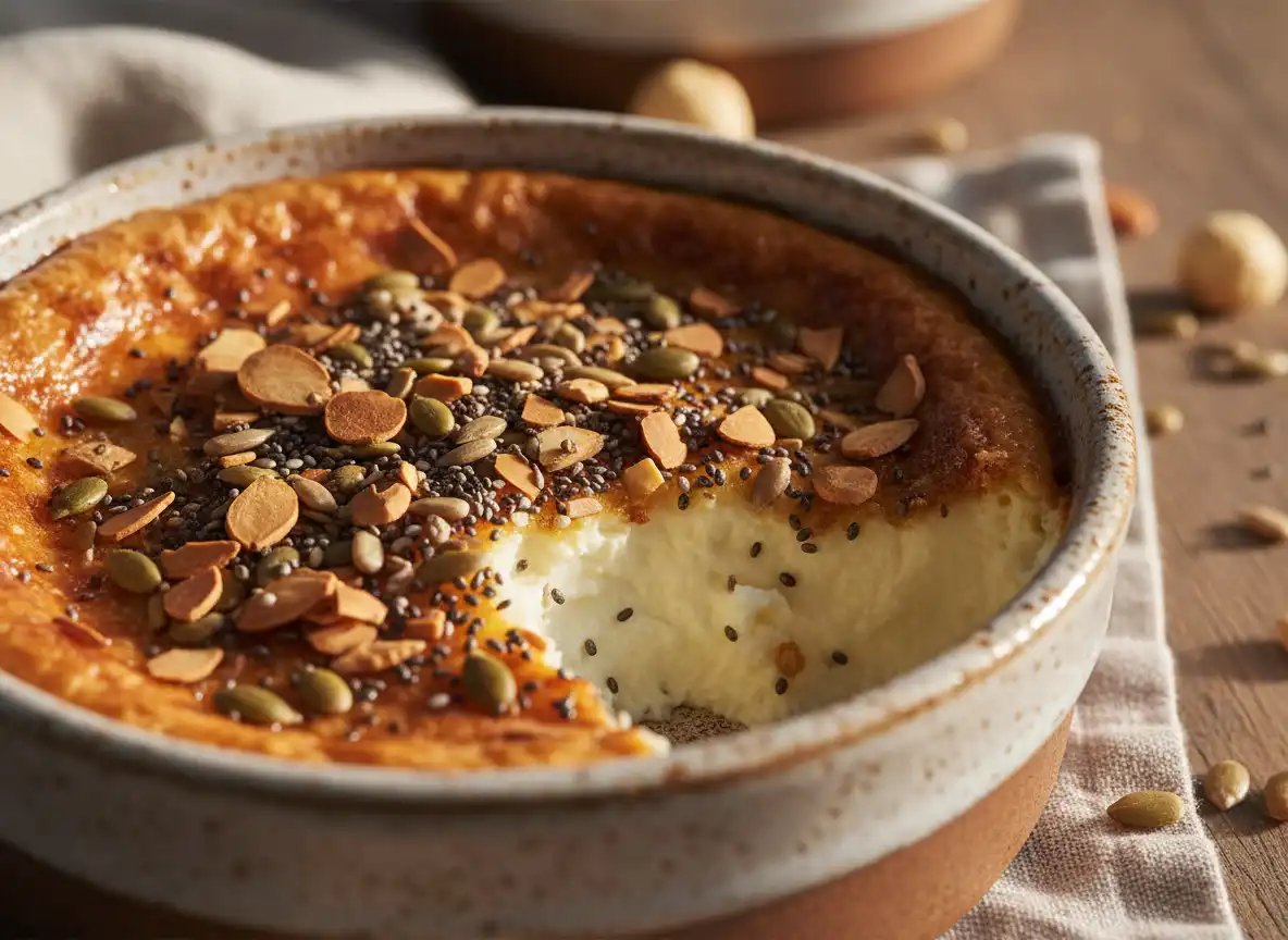 Iogurte Assado com Mel, Laranja e Crocante de Sementes Funcional