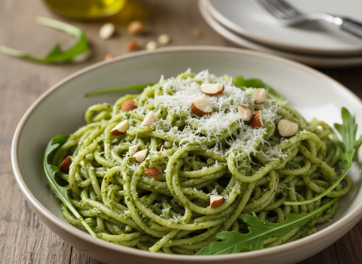 Macarrão Konjac ao Pesto de Rúcula com Amêndoas