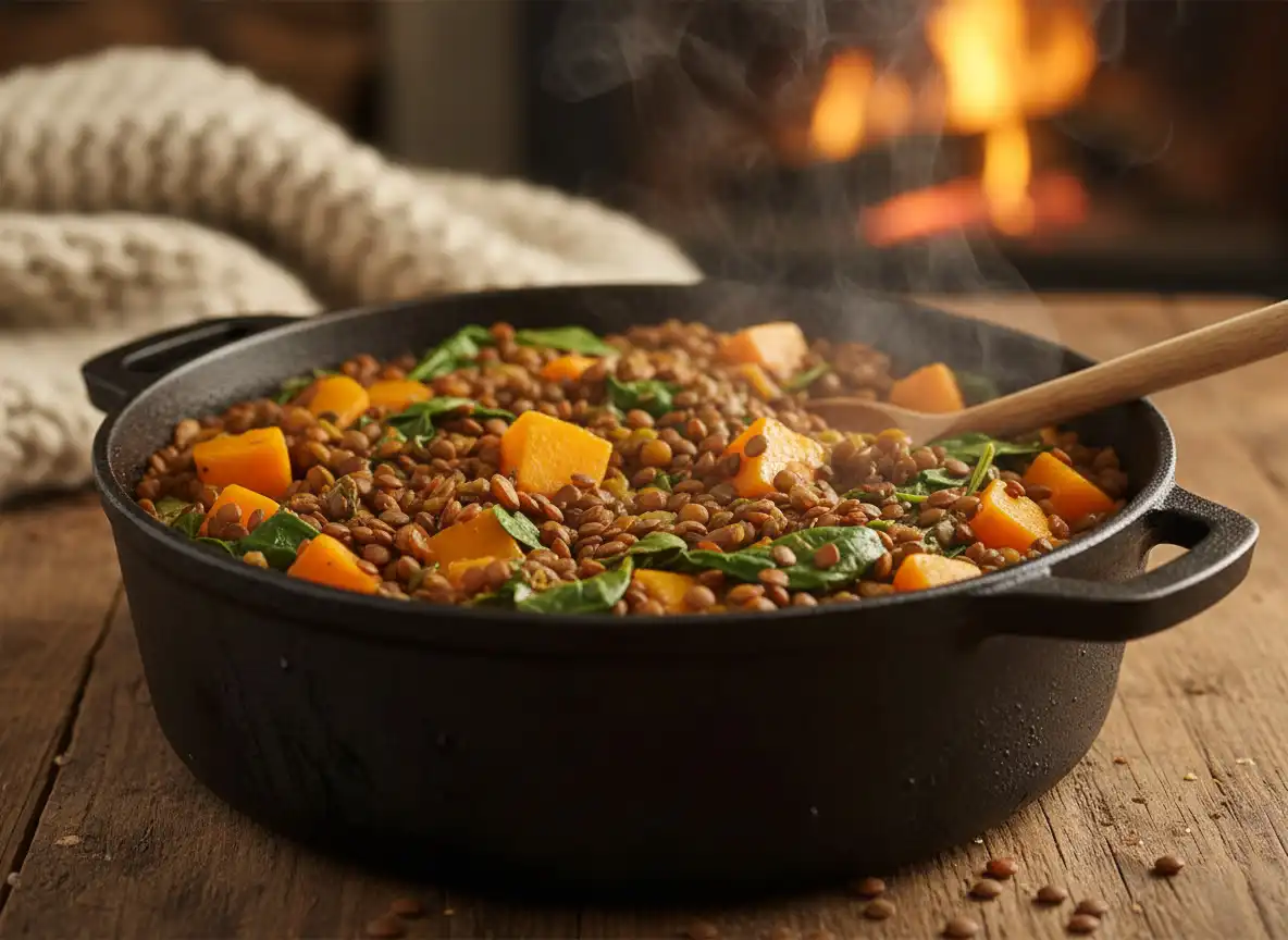 Panela Única Fit de Lentilha com Abóbora e Espinafre