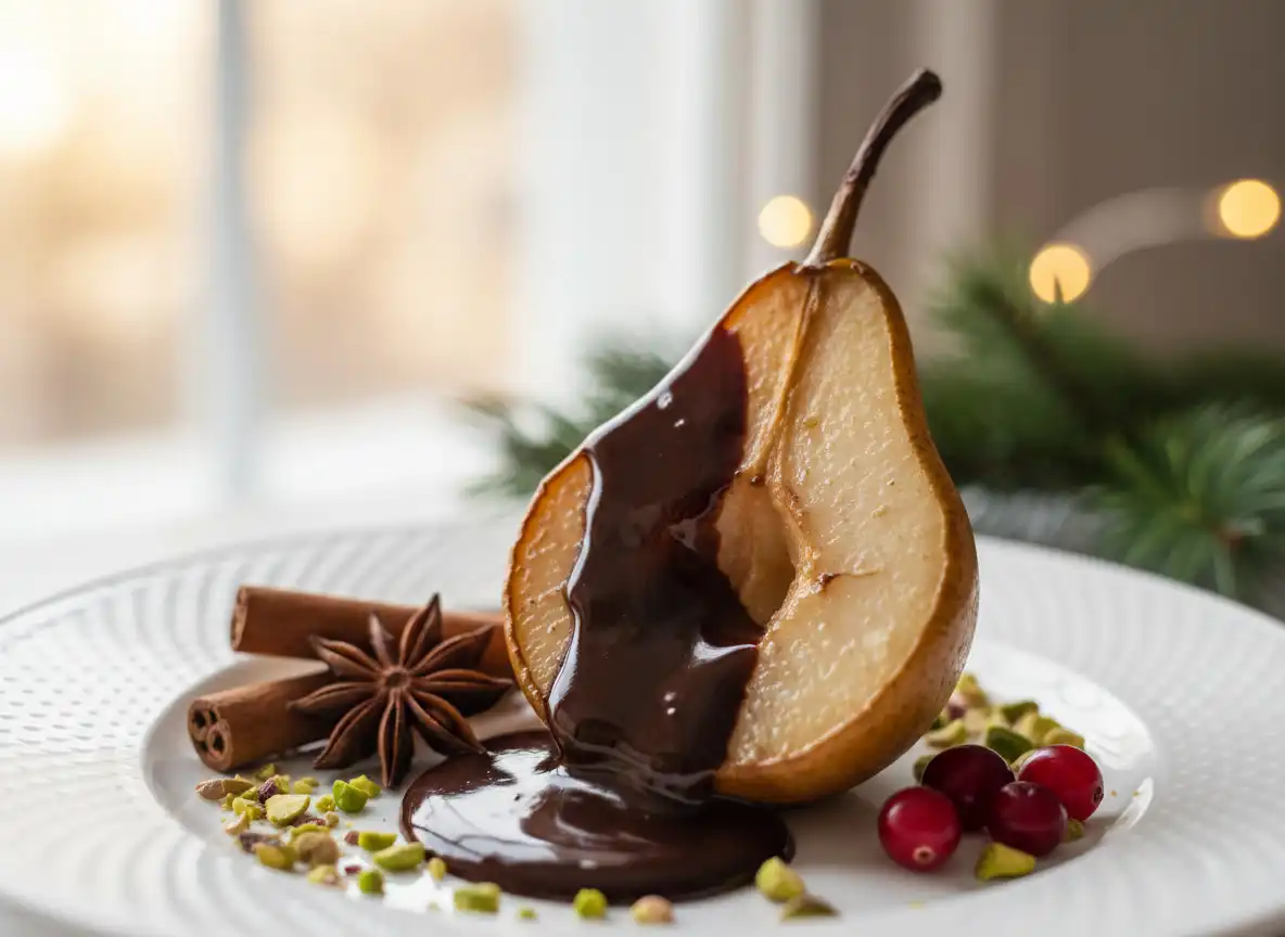 Peras Assadas com Especiarias Natalinas e Ganache Fit de Cacau