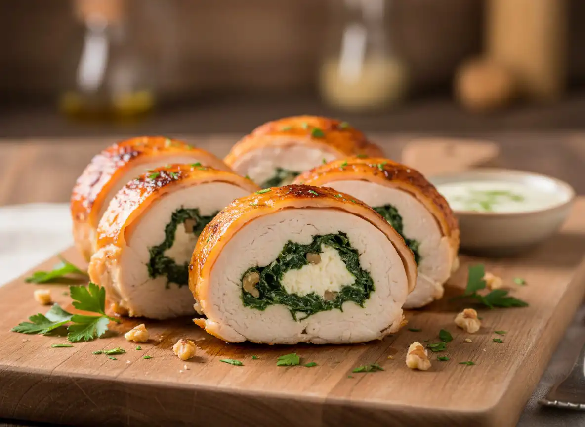Rolê de Frango com Recheio de Espinafre, Ricota e Nozes
