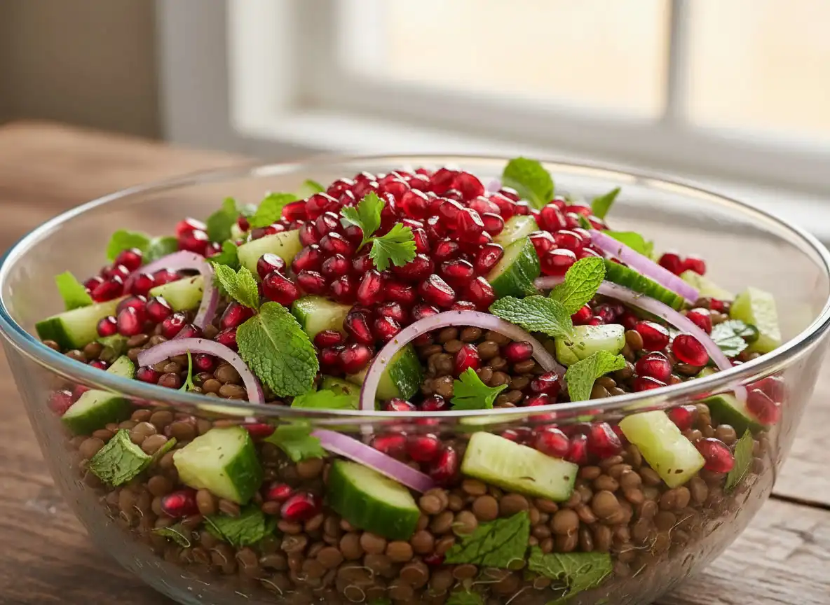 Salada da Prosperidade com Lentilhas, Romã e Vinagrete Cítrico