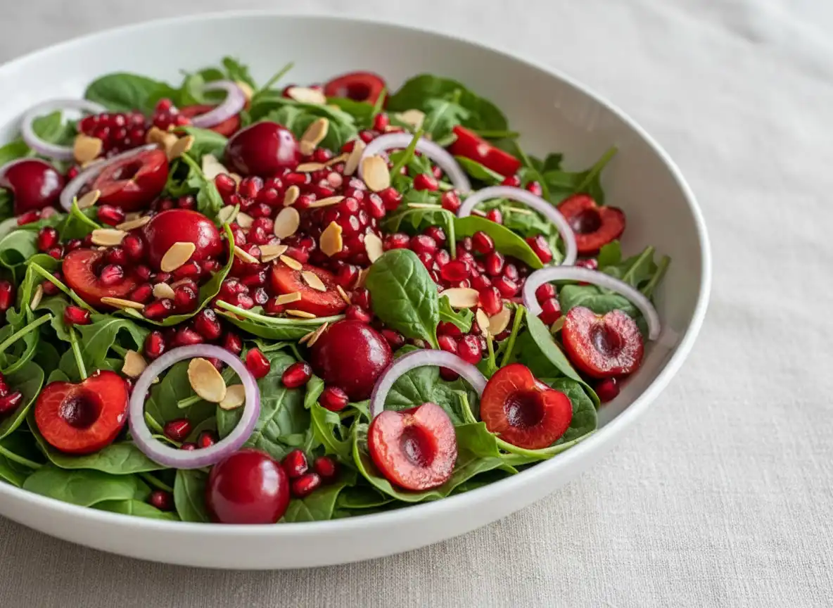 Salada Festiva de Folhas Verdes, Cerejas Frescas e Vinagrete de Romã