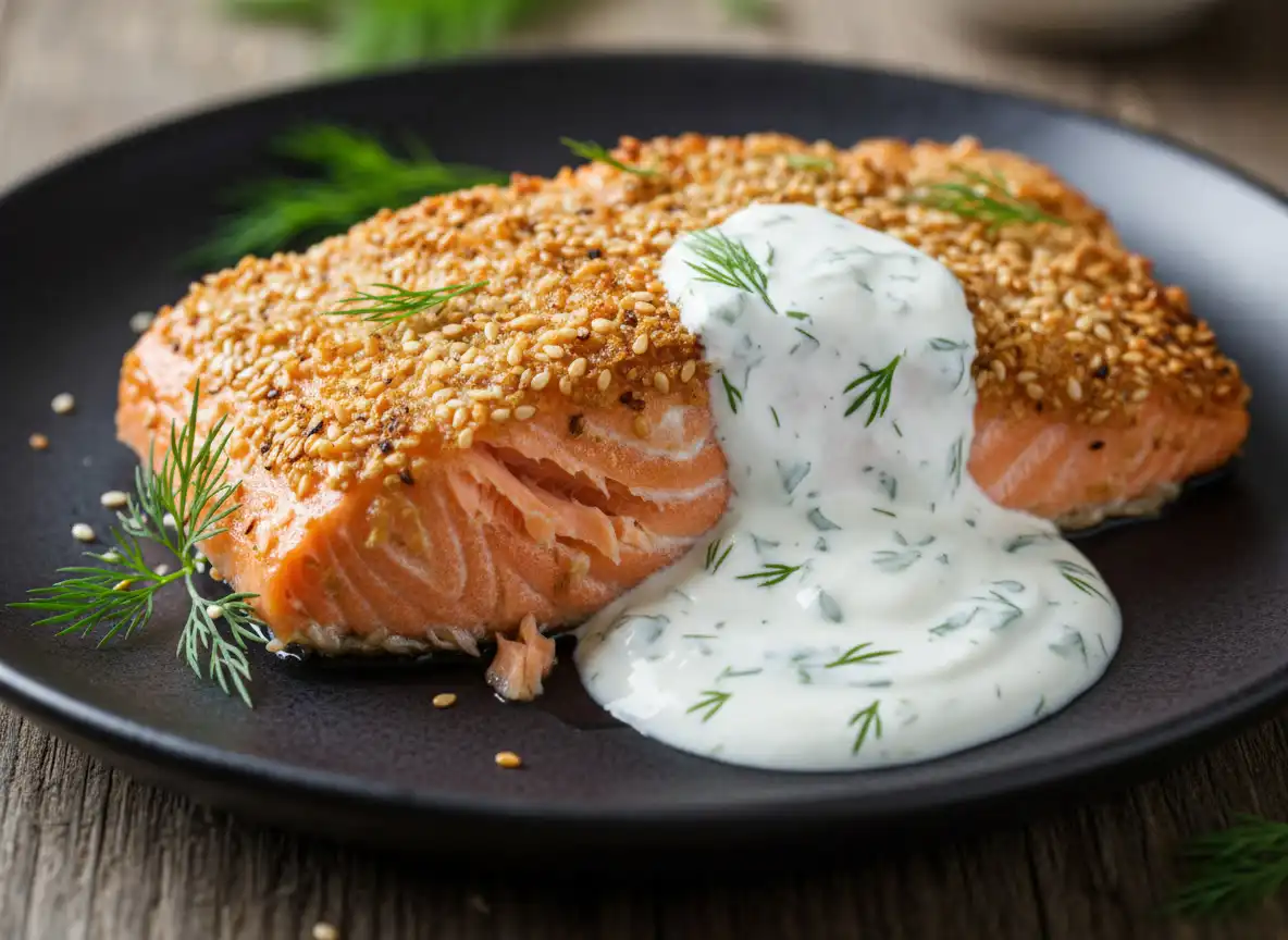 Salmão ao Forno com Crosta de Gergelim e Molho de Iogurte com Dill