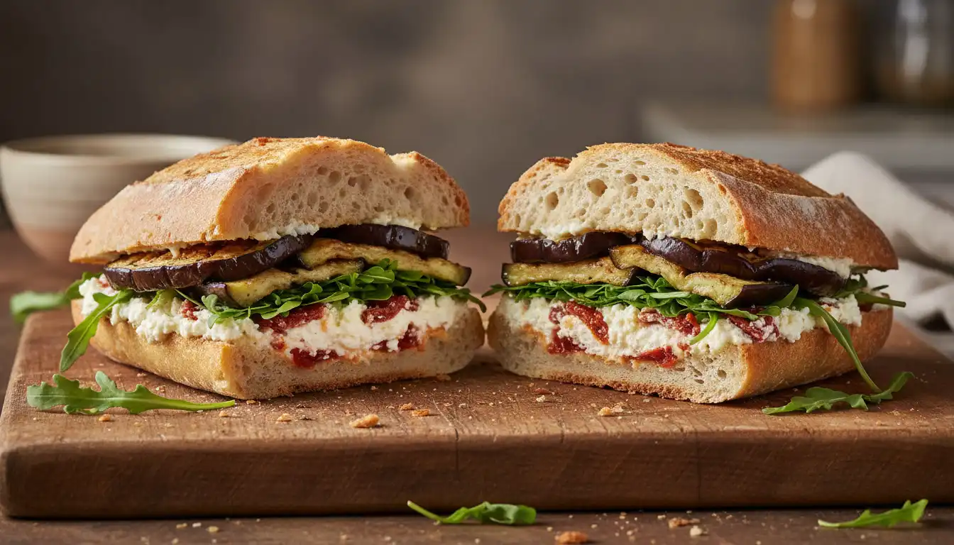 Sanduíche Proteico de Berinjela Grelhada, Pasta de Ricota e Tomate Seco