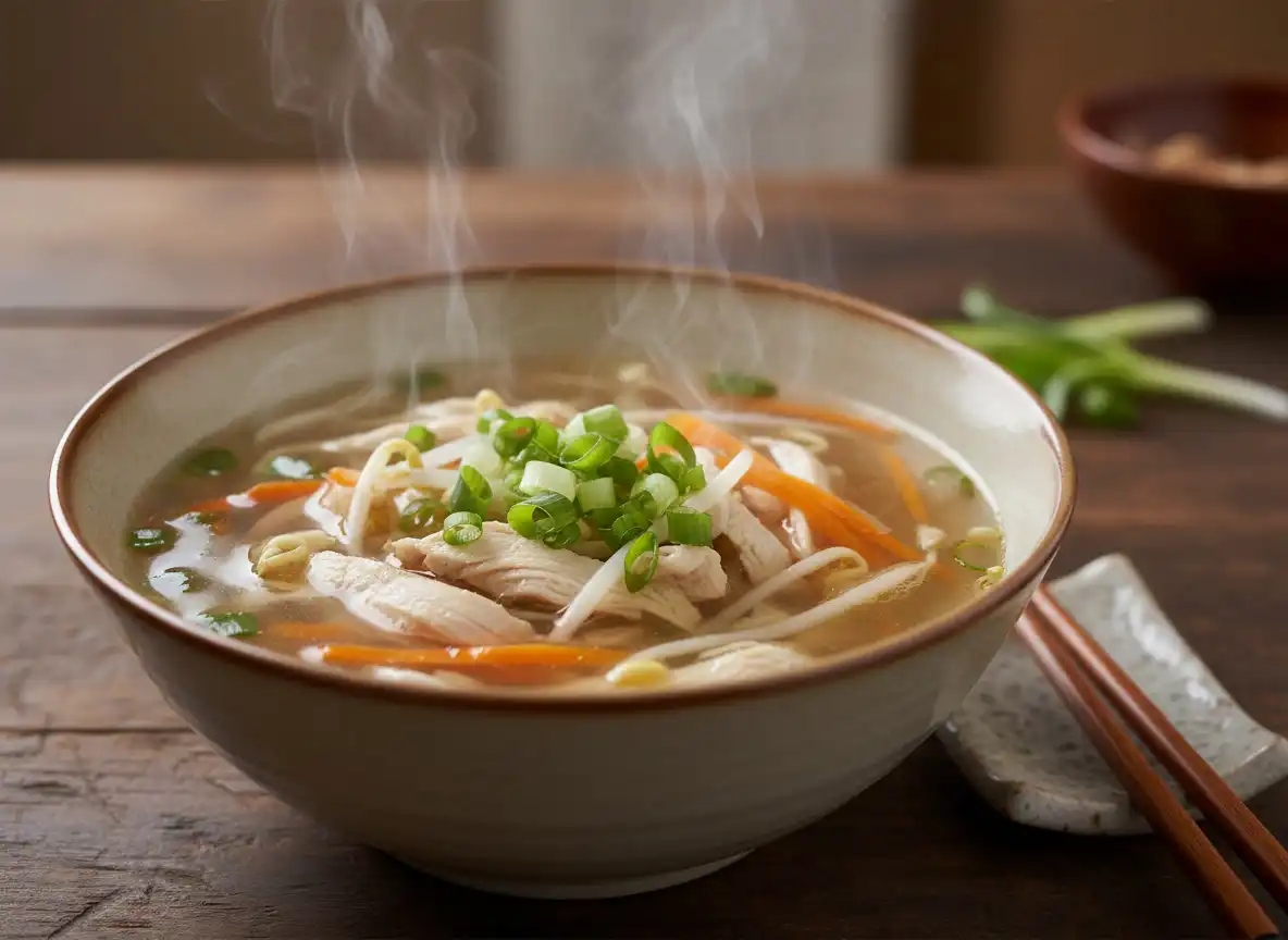 Sopa Asiática Fit de Frango com Gengibre, Cenoura e Broto de Feijão