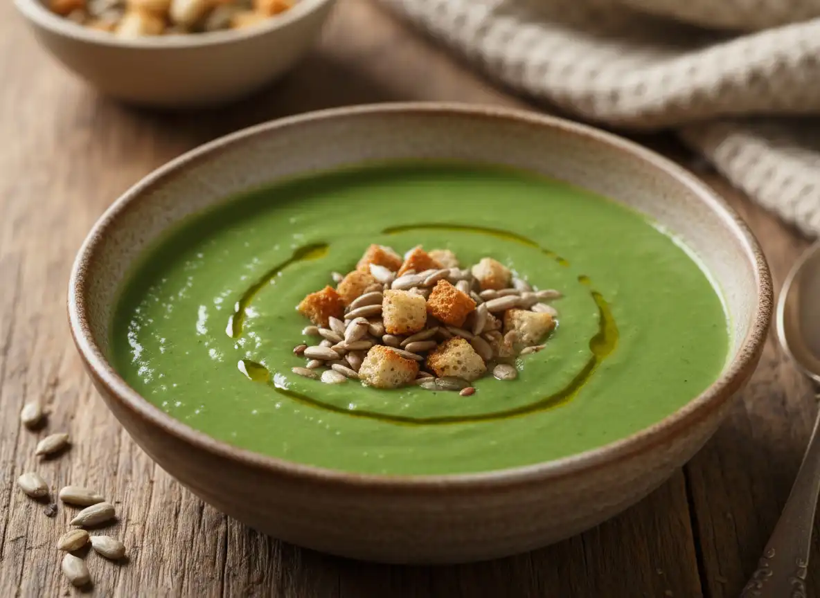 Sopa Cremosa de Ervilha com Alho-Poró e Croutons de Semente