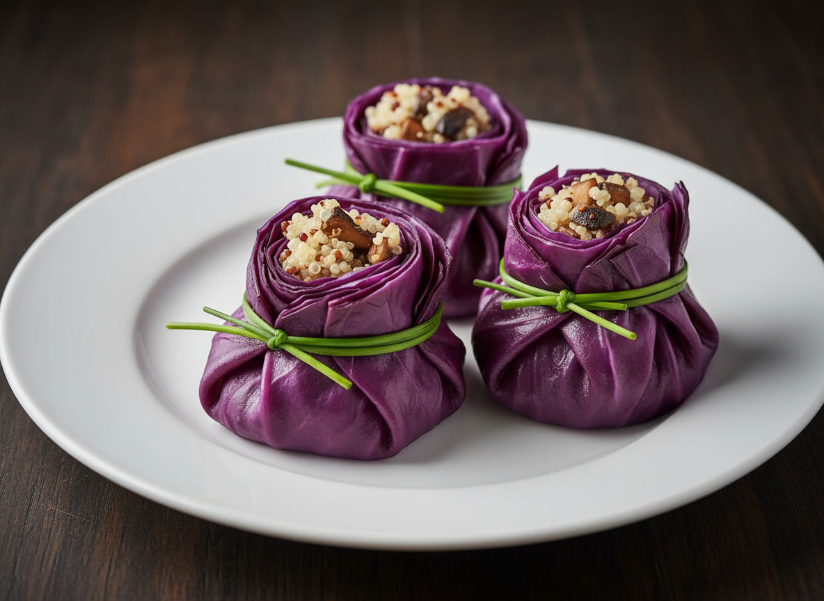 Trouxinhas de Repolho Roxo Recheadas com Quinoa e Cogumelos