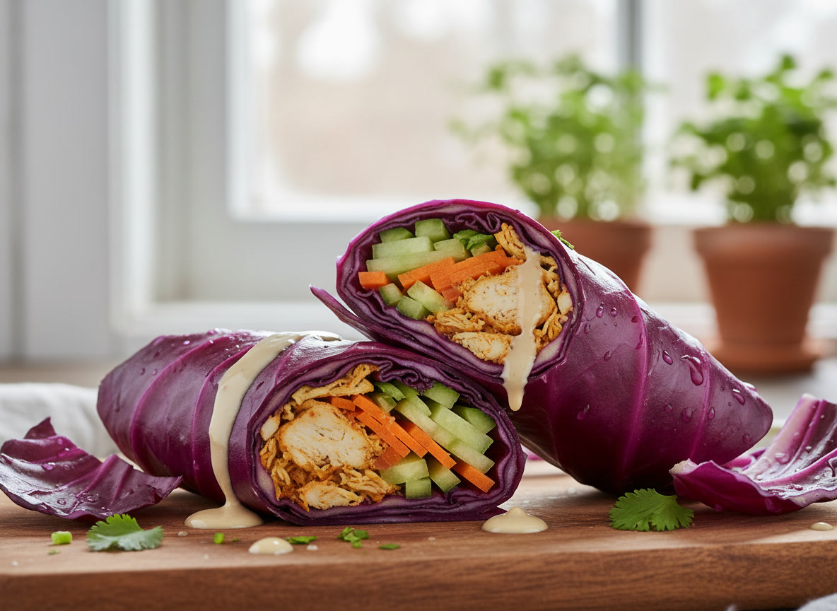 Wrap Fit de Repolho Roxo com Frango Desfiado e Molho de Tahine