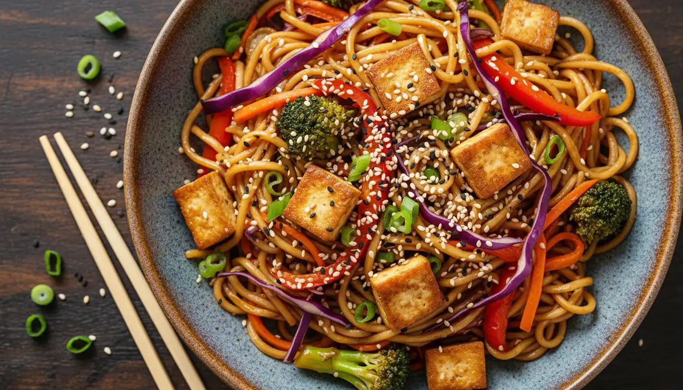 Yakisoba Low Carb de Legumes Crocantes com Tofu Dourad